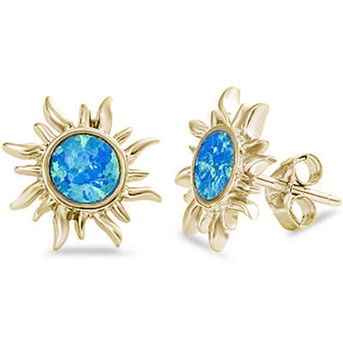 Yellow Gold Plated Blue Opal Sun .925 Sterling Silver Earrings
