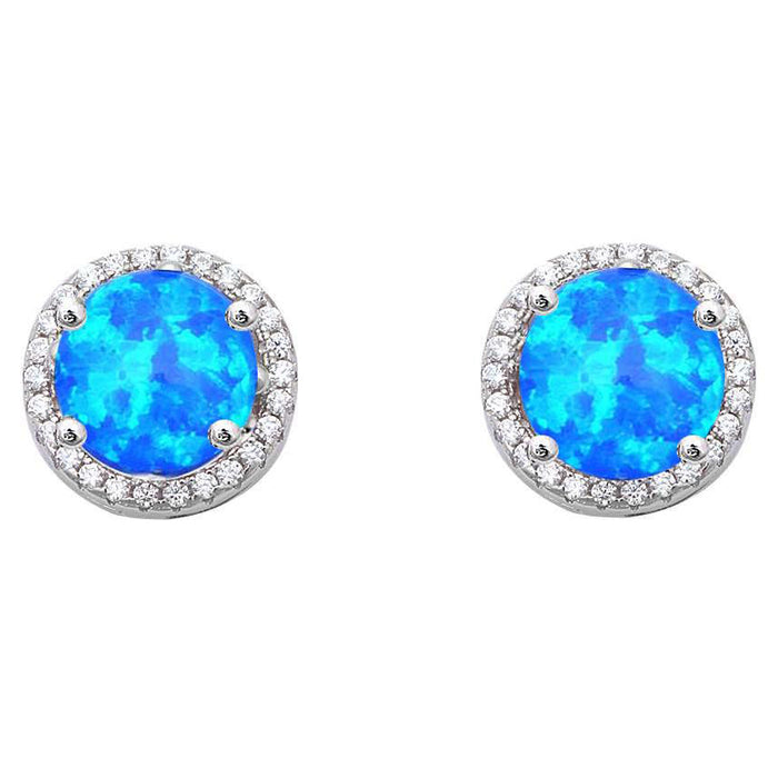 Halo Blue Opal & Cubic Zirconia .925 Sterling Silver Earrings