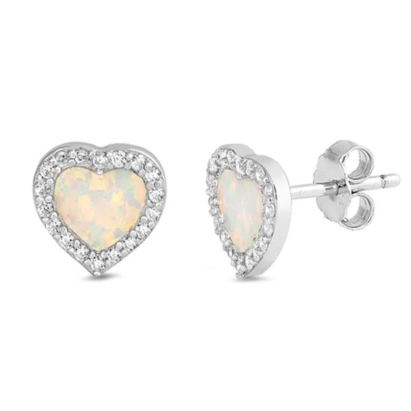 CLOSEOUT! White Opal & Cz Heart Stud .925 Sterling Silver Earrings
