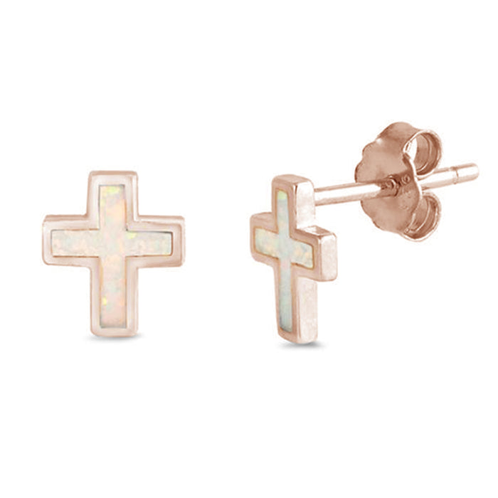 CLOSEOUT! Rose Gold Plated White Opal Cross .925 Sterling Silver Earrings
