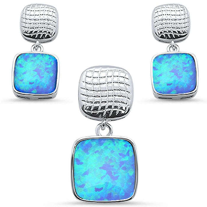 CLOSEOUT! Blue Opal Princess Cut Top & Bottom Dangle Earring & Pendant .925 Sterling Silver Set