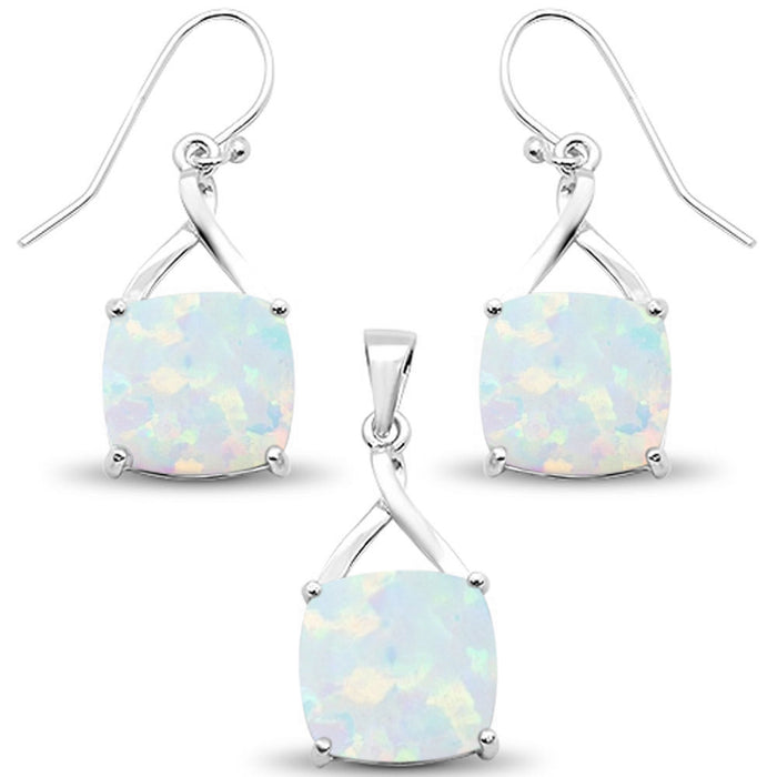 White Opal Cushion Dangle Earring & Pendant .925 Sterling Silver Set