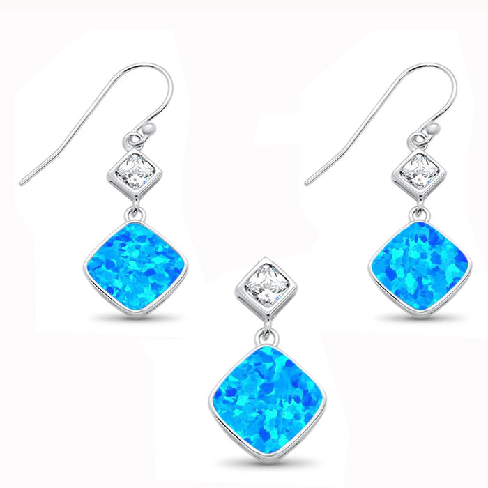 CLOSEOUT! Pincess Cut Blue Opal & CZ Earring & Pendant .925 Sterling Silver Set