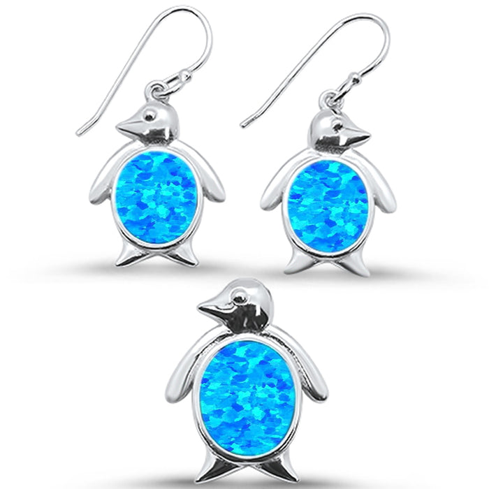 CLOSEOUT! Blue Opal Penguin Dangle Earring & Pendant .925 Sterling Silver Set
