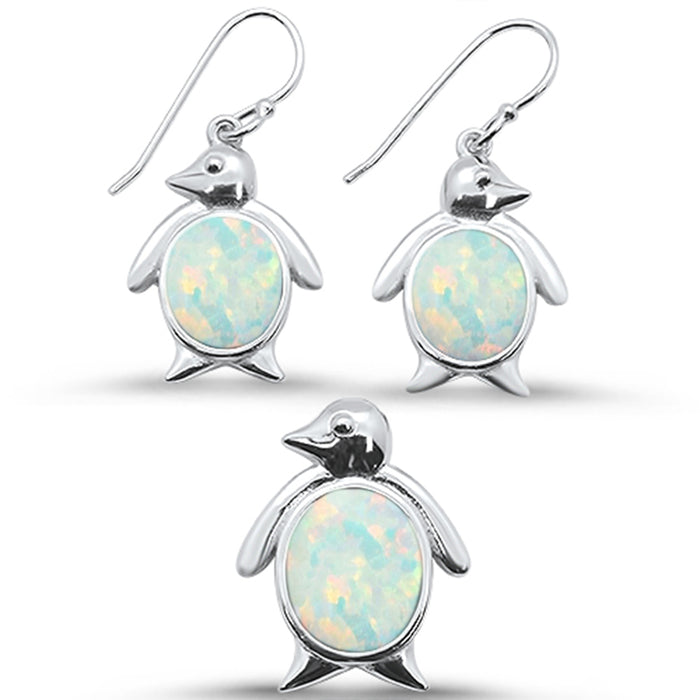 CLOSEOUT! White Opal Penguin Dangle Earring & Pendant .925 Sterling Silver Set