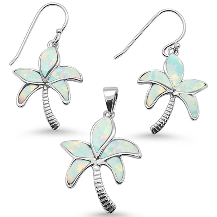 White Opal Palm Tree Earring & Pendant .925 Sterling Silver Set
