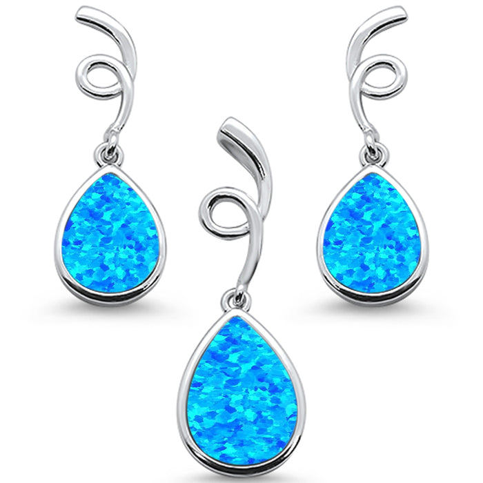 CLOSEOUT! Blue Opal Pear Shape Spiral Dangle Earring & Pendant .925 Sterling Silver Set