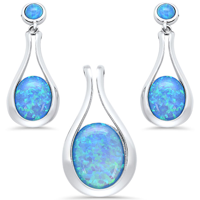 CLOSEOUT! Blue Opal Oval Tear Drop Dangle Earring & Pendant .925 Sterling Silver Set