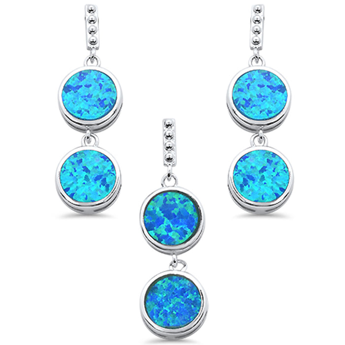 CLOSEOUT! Double Round Blue Opal Dangle Earring & Pendant .925 Sterling Silver Set