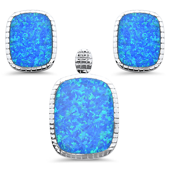 CLOSEOUT! Rectangle Blue Opal Earring & Pendant .925 Sterling Silver Set