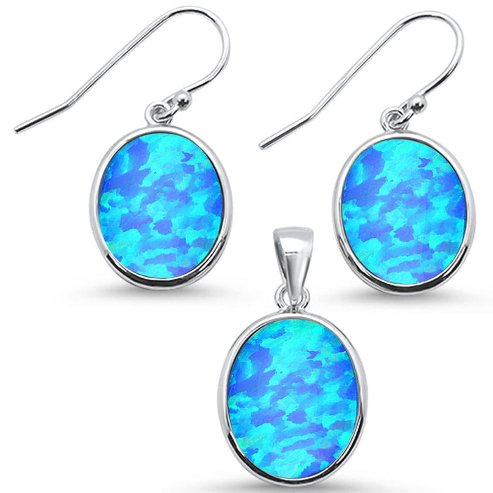 CLOSEOUT! Oval Blue Opal .925 Sterling Silver Earrings & Pendant Set