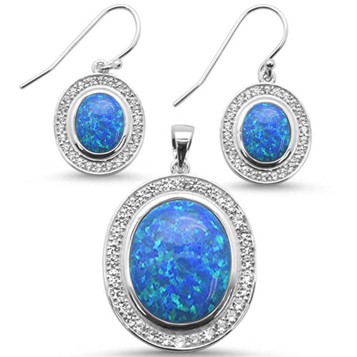 CLOSEOUT! Blue Opal & Cubic Zirconia Oval .925 Sterling Silver Earrings & Pendant Set