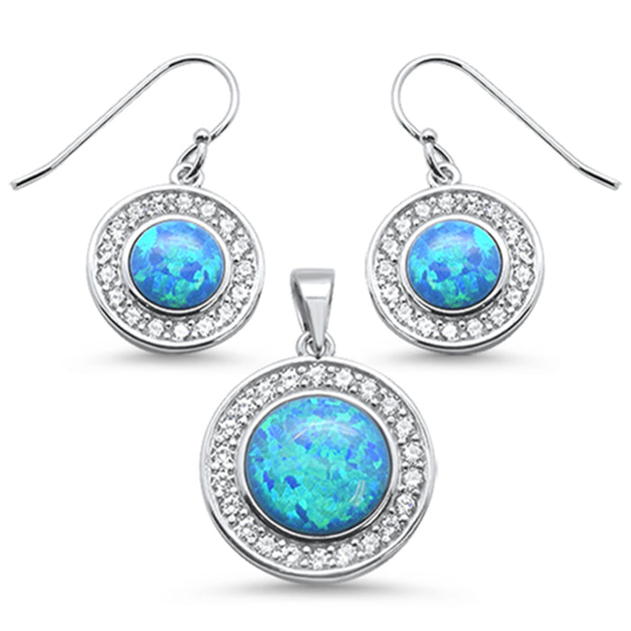 CLOSEOUT! Round Blue Opal & Cubic Zirconia .925 Sterling Silver Earrings & Pendant Set