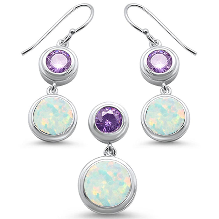 Round Opal Amethyst & Cubic Zirconia .925 Sterling Silver Earring & Pendant Set