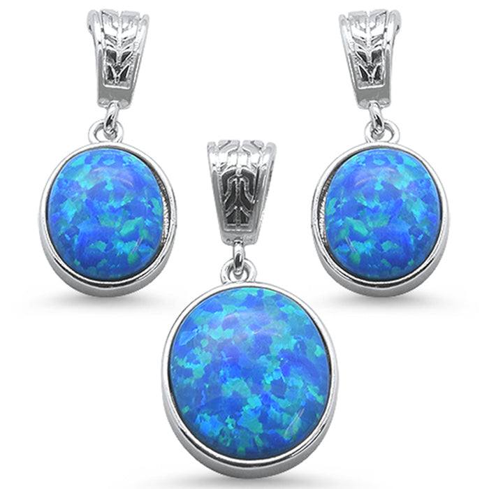 CLOSEOUT! Oval Blue Opal Design .925 Sterling Silver Earrings & Pendant Set