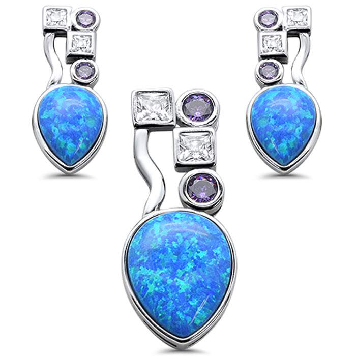 CLOSEOUT! Blue Opal Amethyst & Cubic Zirconia .925 Sterling Silver Earrings & Pendant Set