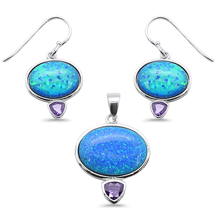 CLOSEOUT! Blue Opal & Amethyst Cubic Zirconia .925 Sterling Silver Pendant & Earrings Set