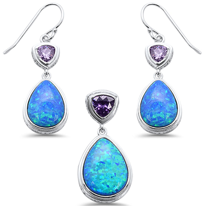 CLOSEOUT! Pear Shape Blue Opal & Amethyst .925 Sterling Silver Pendant & Earring Set