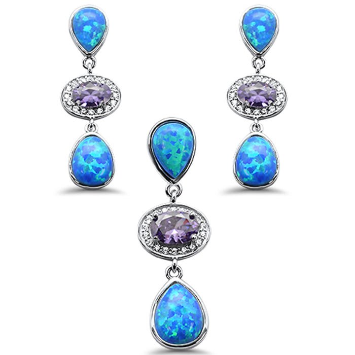 CLOSEOUT! Pear Blue Opal & Amethyst .925 Sterling Silver Pendant & Earring Set