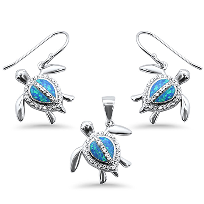 Blue Opal & Cubic Zirconia Turtle .925 Sterling Silver Pendant & Earring Set