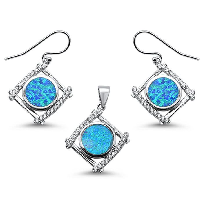 CLOSEOUT! Round Blue Opal & Cubic Zirconia .925 Sterling Silver Pendant & Earring Set