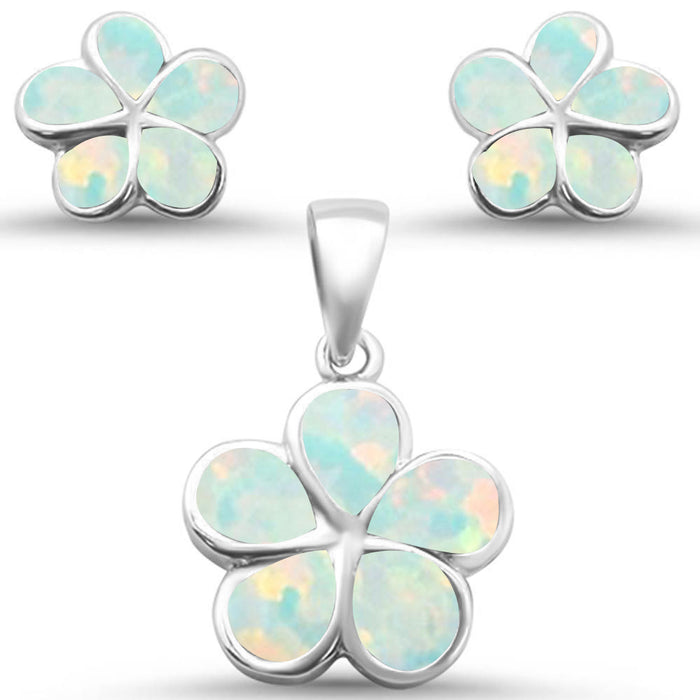 White Opal Plumeria Flower .925 Sterling Silver Earrings & Pendant Set