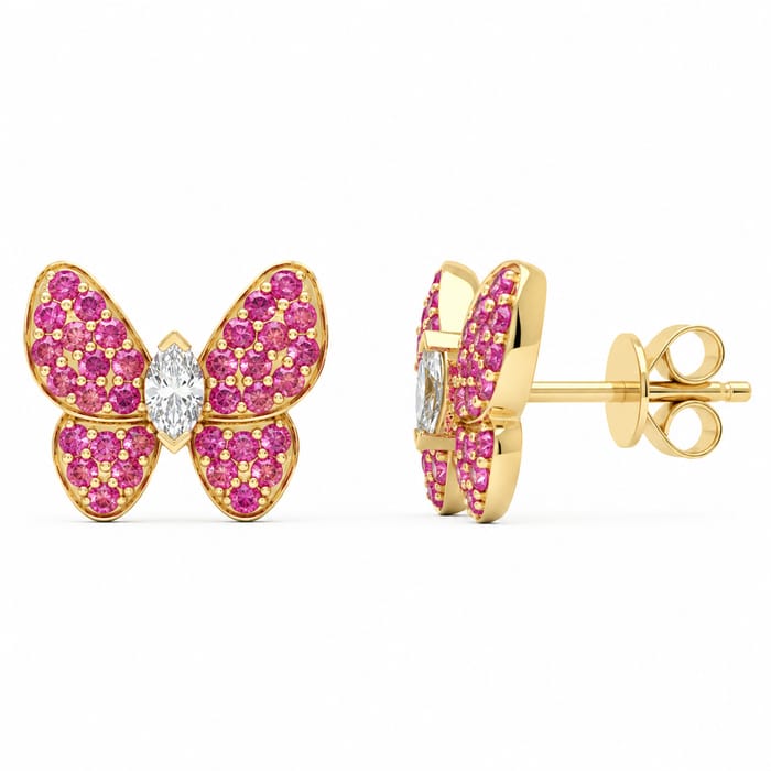 SPECIAL! 1.85ct G SI 14kt Yellow Gold Diamond & Pink Sapphire Gemstone Butterfly Stud Earrings (Copy)