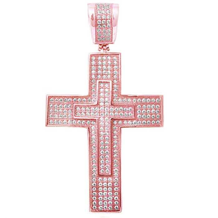 CLOSEOUT!Rose Gold Plated Hiphop Style Micro Pave Cubic Zirconia Double Cross .925 Sterling Silver Pendant