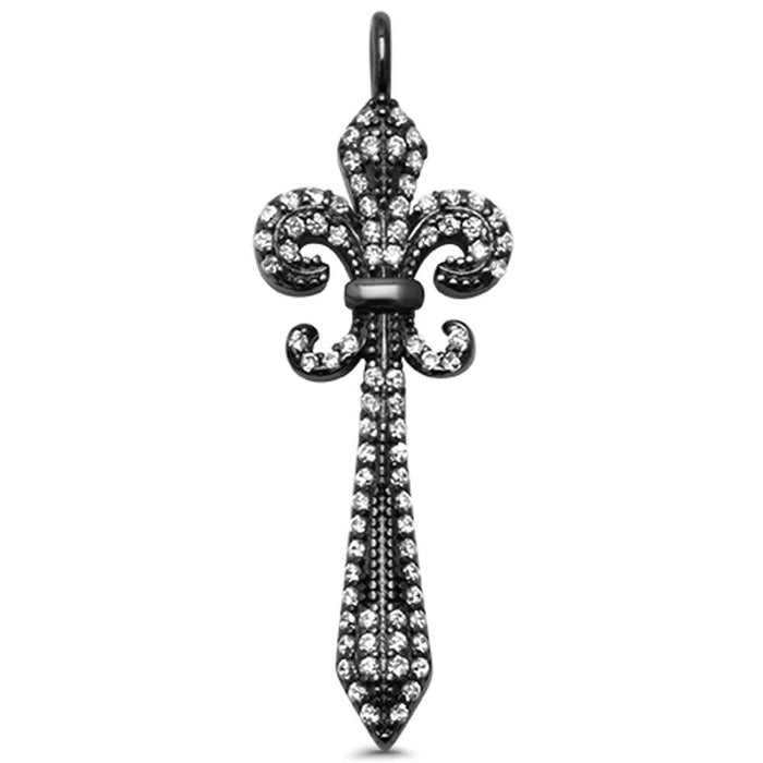 CLOSEOUT! Fine Black Rhodium Plated Fleur di Lise .925 Sterling Silver Pendant 1.5"