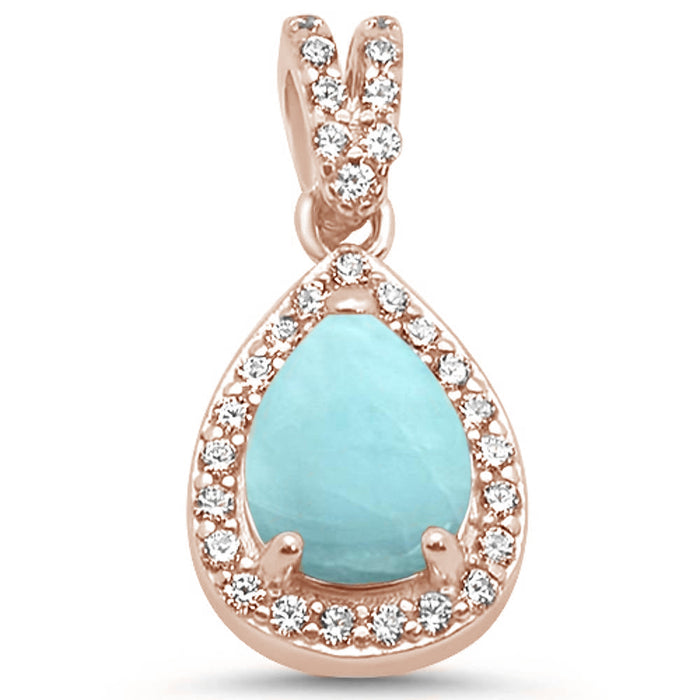 Rose Gold Plated Pear Natural Larimar & CZ .925 Sterling Silver Pendant