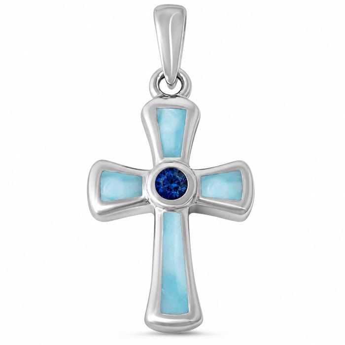 Round Blue Sapphire & Natural Larimar Cross .925 Sterling Silver Pendant