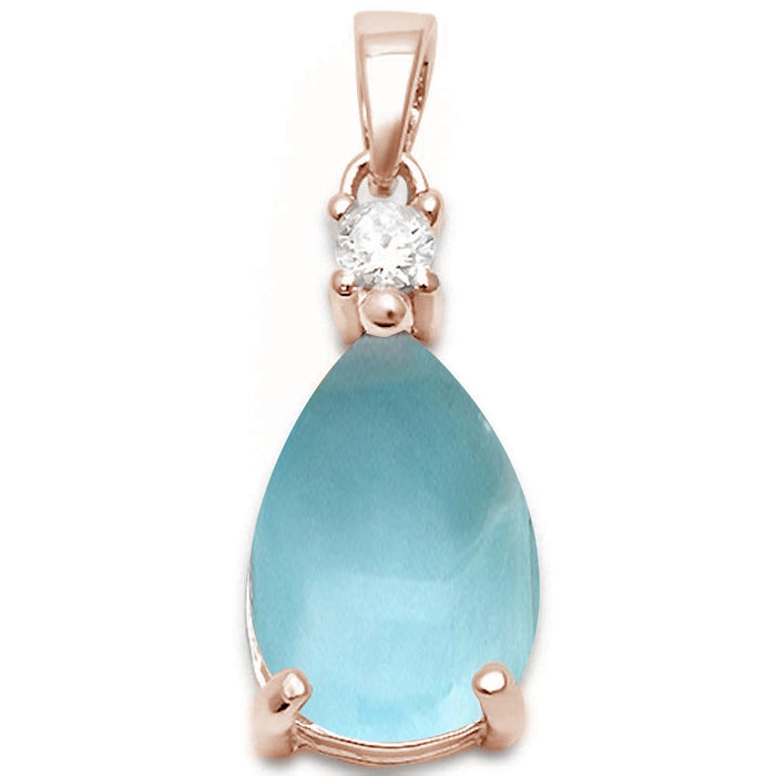 Rose Gold Plated Pear Shape Natural Larimar & Cubic Zirconia .925 Sterling Silver Pendant
