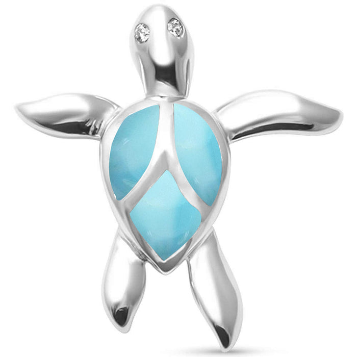 Cute Natural Larimar Turtle .925 Sterling Silver Pendant