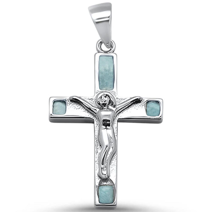 Cross Natural Larimar .925 Sterling Silver Pendant 1" Long