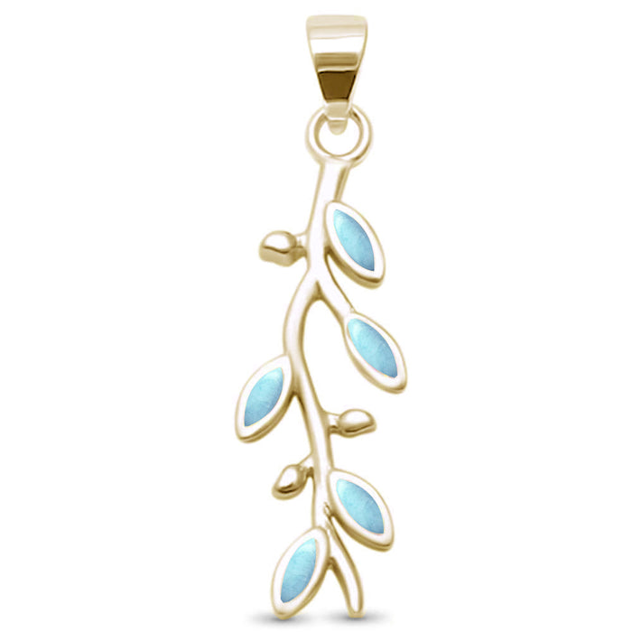 Cute! Yellow Gold Plated Natural Larimar Olive Friendship Branch .925 Sterling Silver Pendant