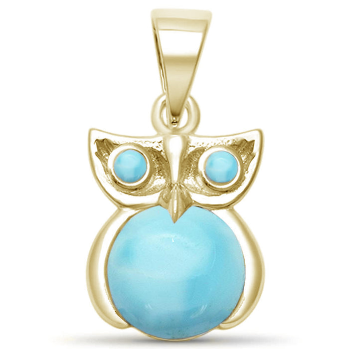 Yellow Gold Plated Natural Larimar Whimsical Owl .925 Sterling Silver Pendant