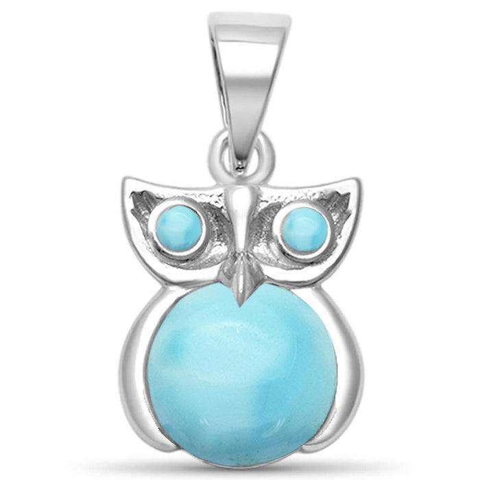 Natural Larimar Whimsical Owl .925 Sterling Silver Pendant