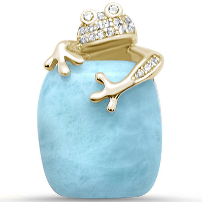 Yellow Gold Plated Natural Larimar & Cubic Zirconia Frog .925 Sterling Silver Pendant