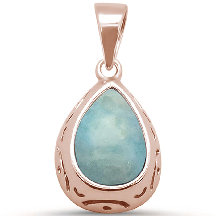 CLOSEOUT! Rose Gold Plated Pear Shaped Natural Larimar Teardrop Halo .925 Sterling Silver Pendant