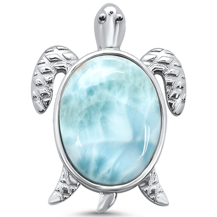 Natural Larimar Turtle Oval .925 Sterling Silver Charm Pendant