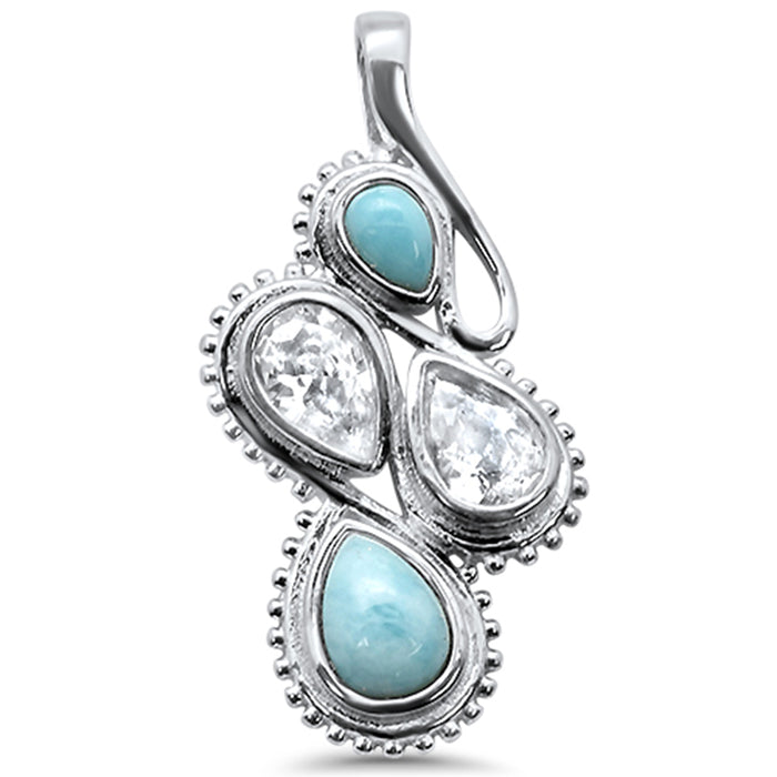 Natural Larimar Pear & Cz .925 Sterling Silver Charm Pendant