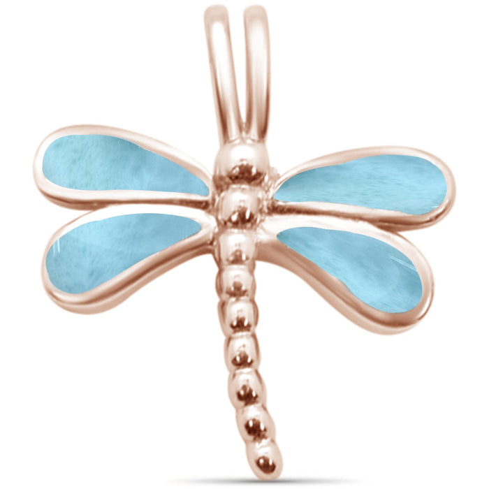 Rose Gold Plated Natural Larimar Dragonfly .925 Sterling Silver Pendant