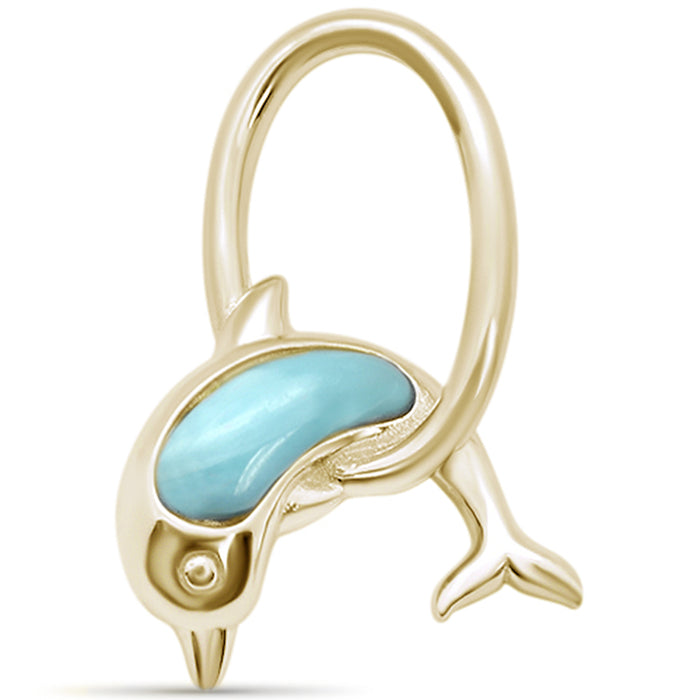 Yellow Gold Plated Natural Larimar Dolphin Jumping Hoops .925 Sterling Silver Charm Pendant