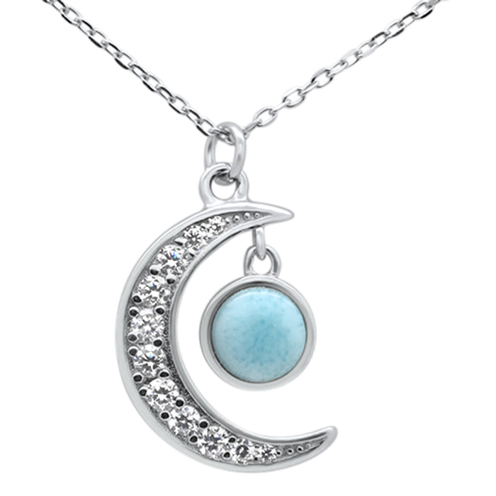 Natural Larimar .925 Sterling Silver Half Moon Circle Celestial Pendant Necklace 16-18" Long