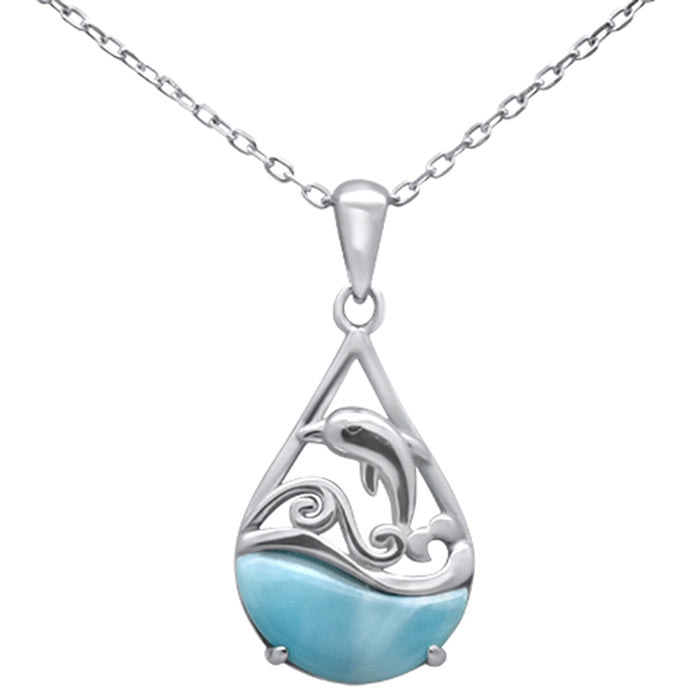 Tear Drop Shape Larimar Dolphin in Ocean .925 Sterling Silver Pendant Necklace 16-18" Long