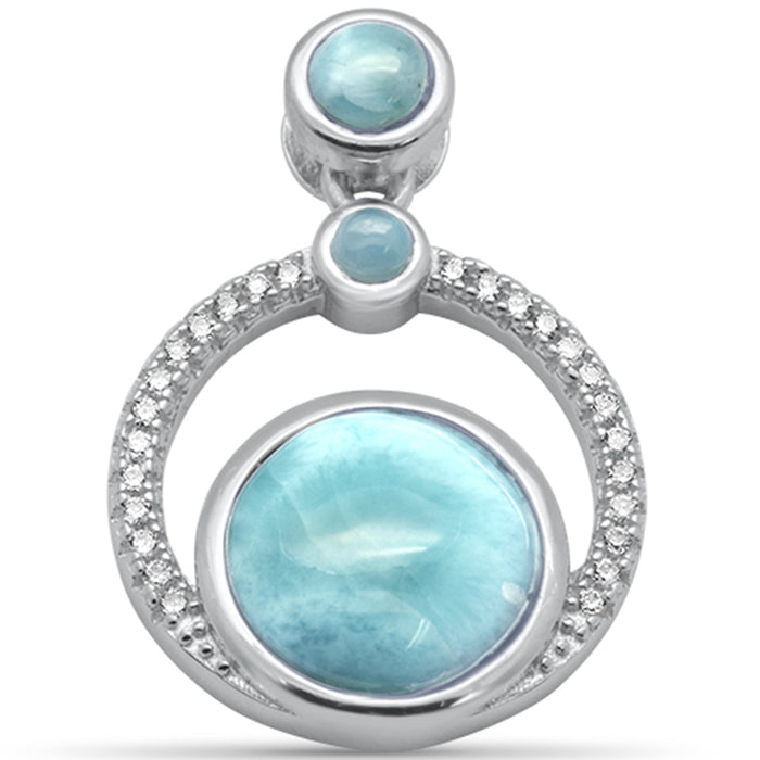 Round Natural Larimar & CZ .925 Sterling Silver Pendant