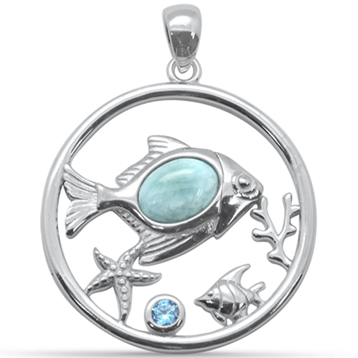 Oval Shaped Natural Larimar Fish & Aquamarine CZ .925 Steling Silver Pendant