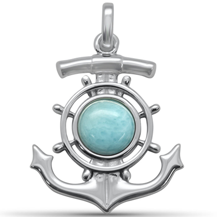 Round Shaped Natural Larimar Anchor .925 Sterling Silver Pendant
