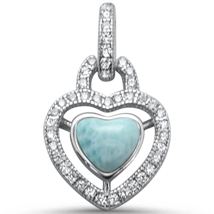 Elegant Halo Style Natural Larimar Heart .925 Sterling Silver Charm Pendant