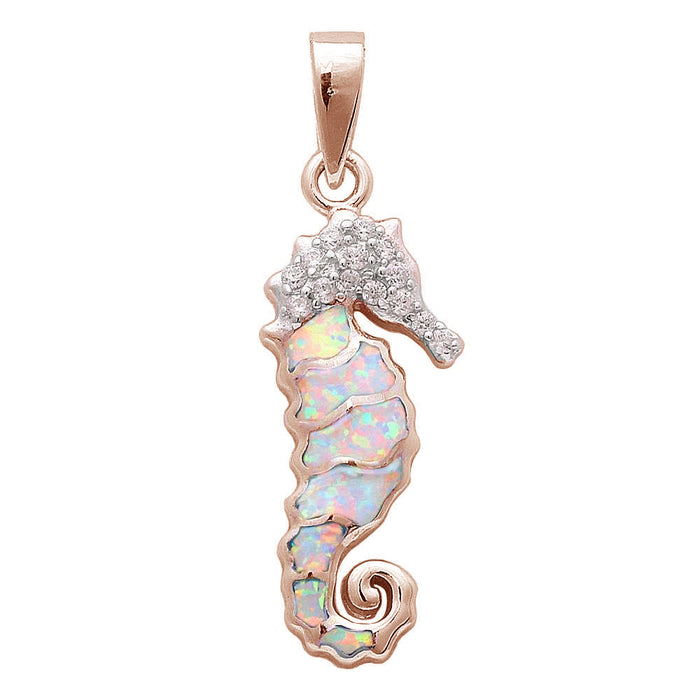 Rose Gold Plated White Opal & Cubic Zirconia Seahorse .925 Sterling Silver Pendant